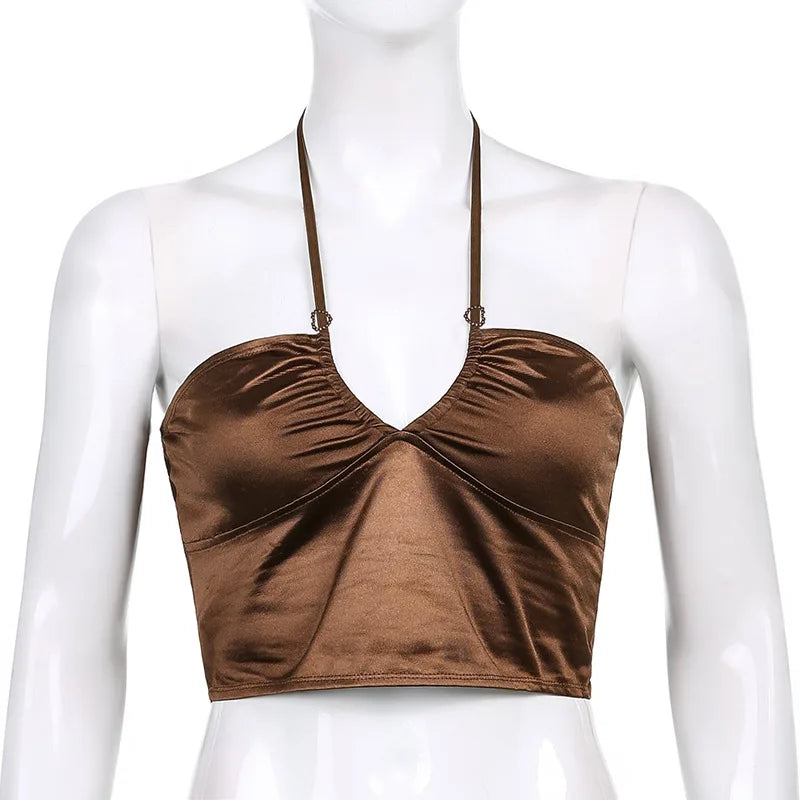 Satin Off Shoulder Bare Midriff Cross Halter Tube Top