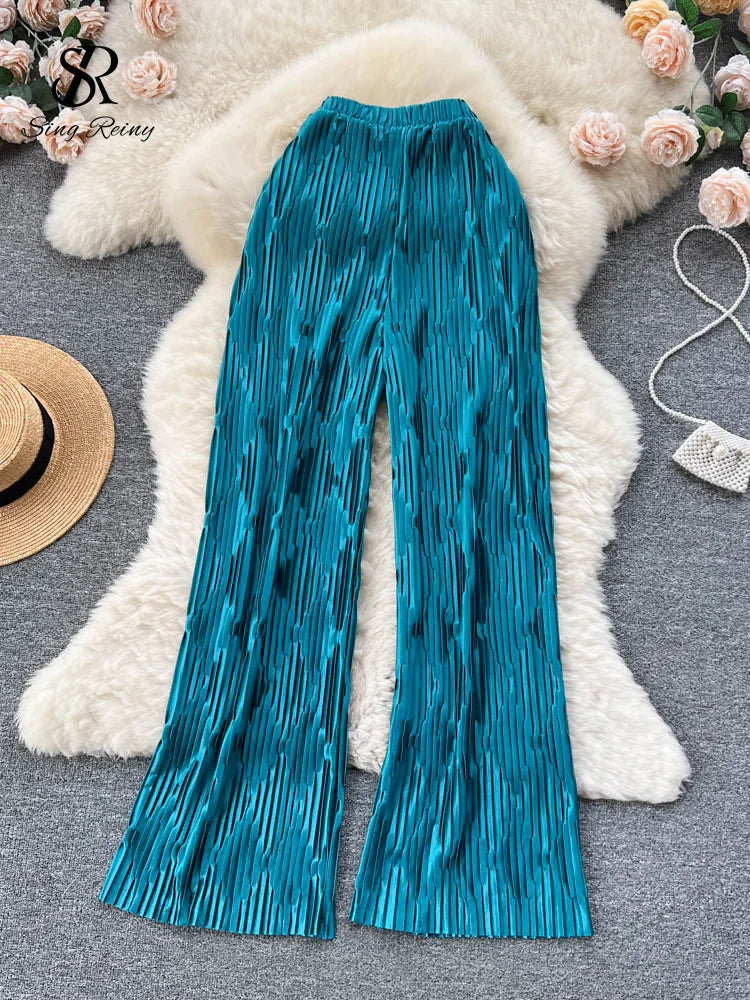 Pleated Vintage Striped Long High Waist Wide Leg Trousers