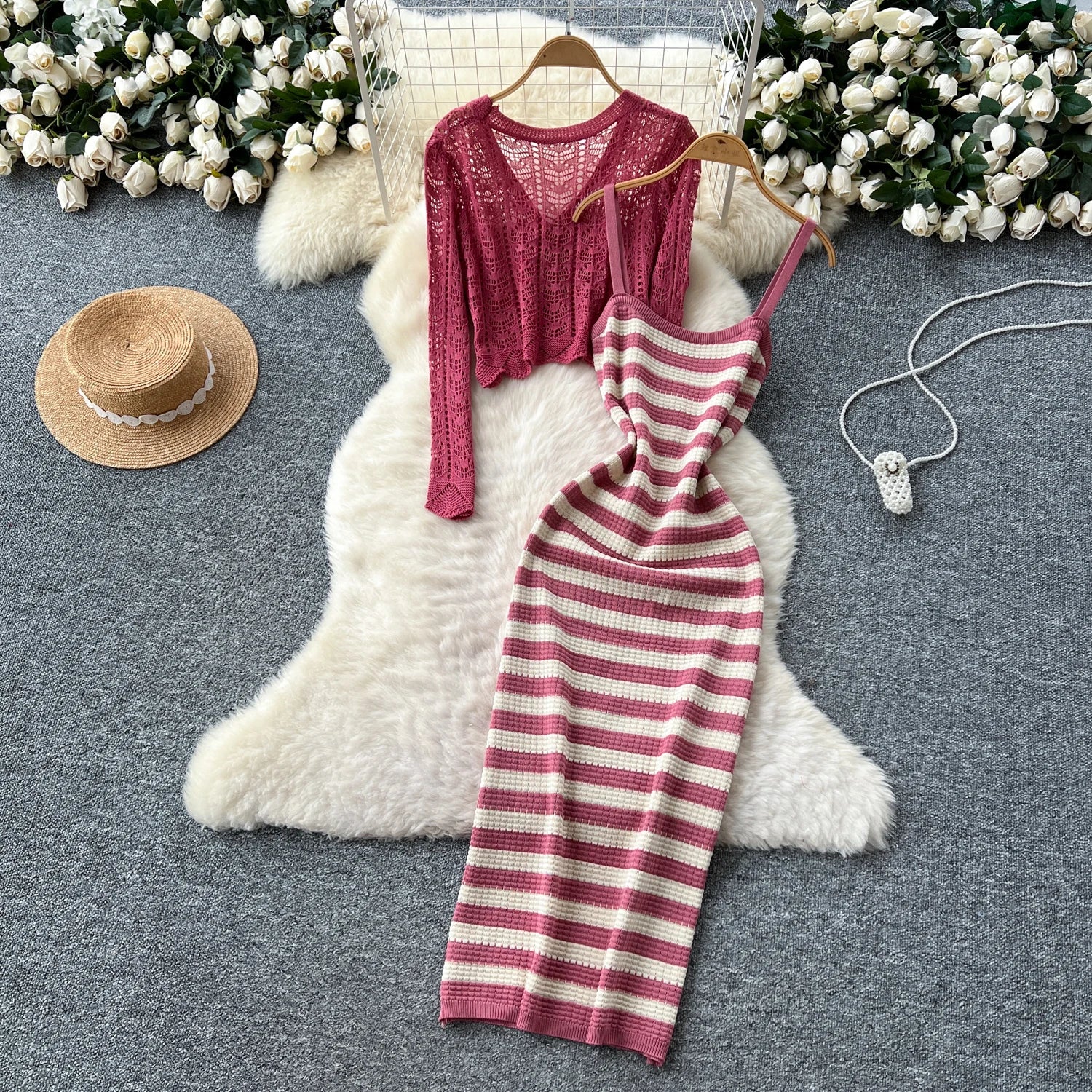 Two piece set Hook flower hollow striped Two Piece Set