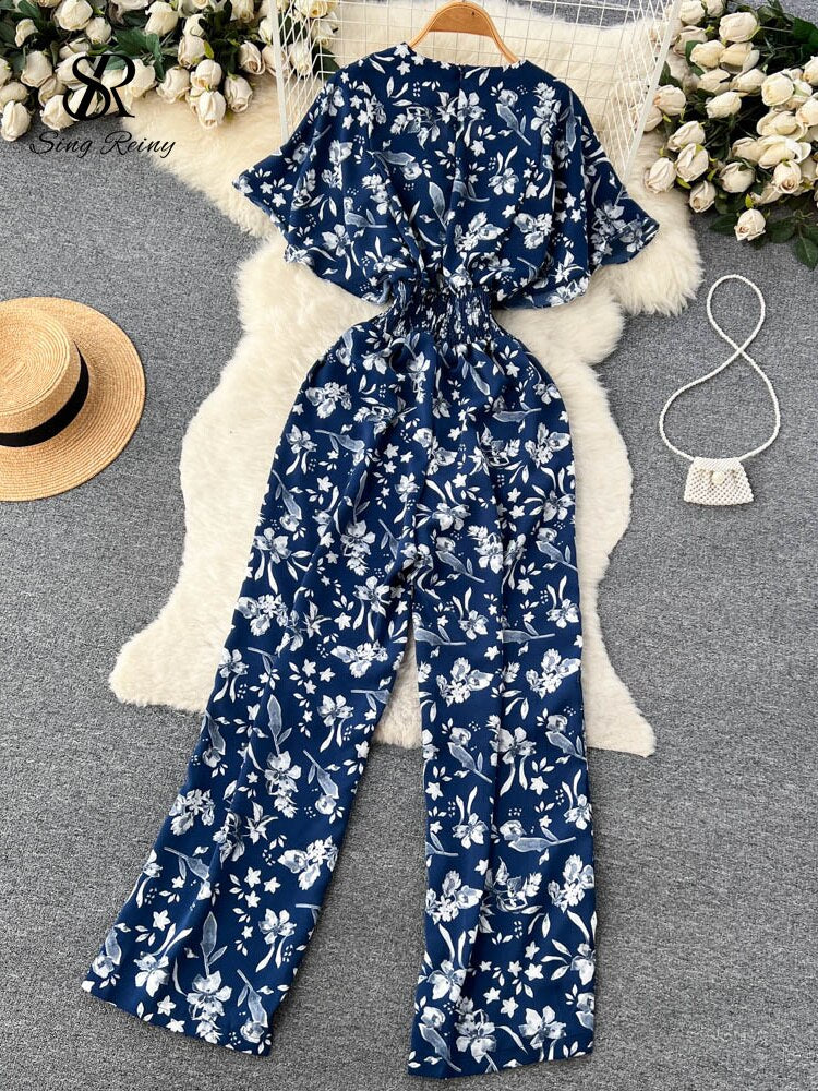 Floral V Neck Jumpsuits Retro Long Rompers