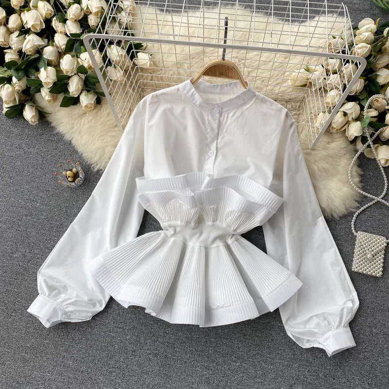 Puff Sleeve Pleated Ruffle Elegant Patchwork y2k Blouse