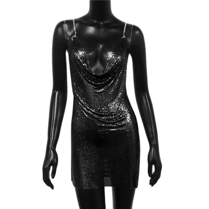 Backless Spaghetti Strap Metal Sequins Low Cut Dress