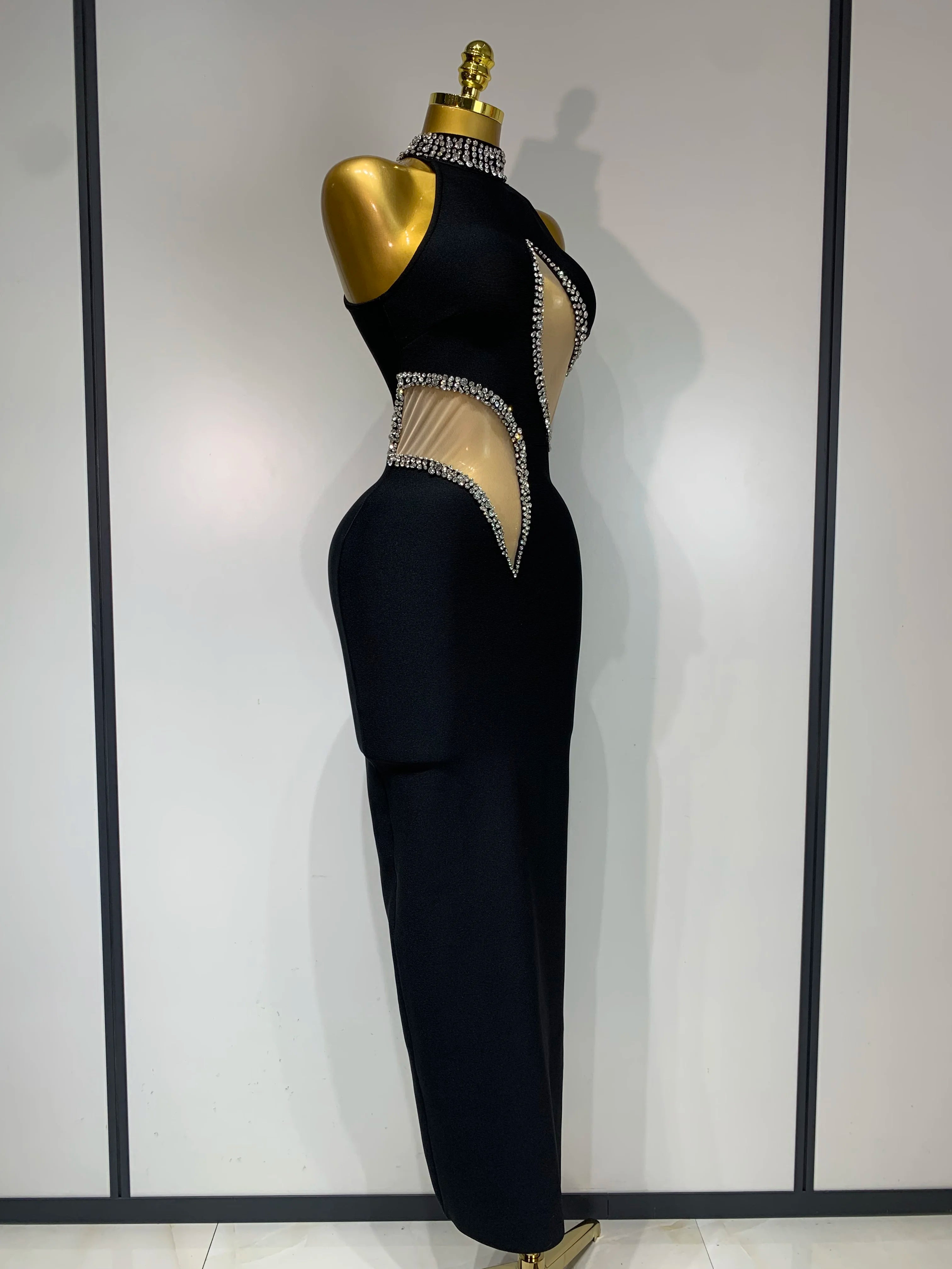 Rhinestone Black Sleeveless Mesh Patchwork Bodycon Bandage Elegant Dresses