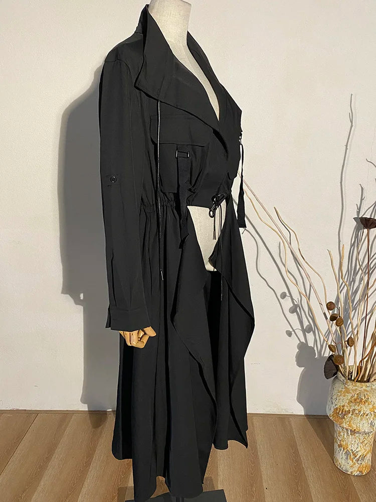 Irregular Big Size Long Trench Lapel Long Sleeve Windbreaker