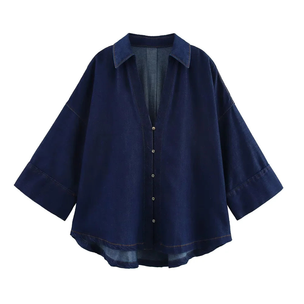 Denim Set Loose Fit Button Down Shirt With Wide Leg Pants