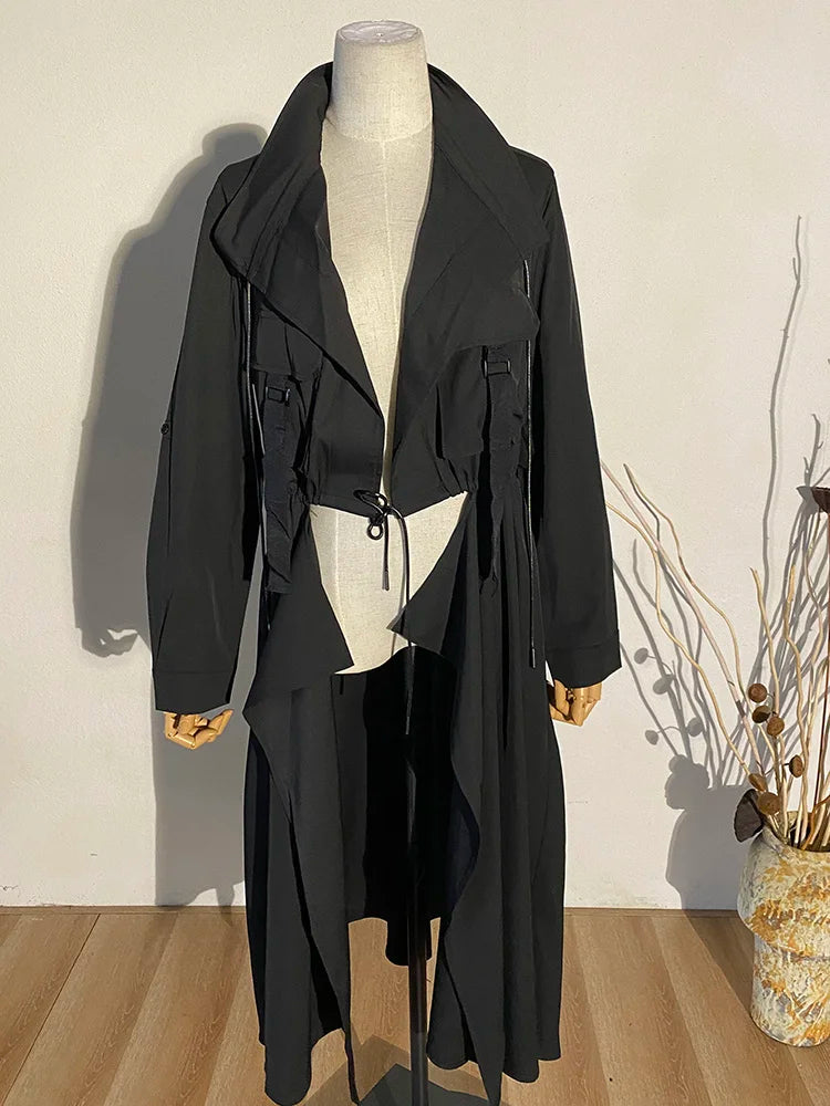 Irregular Big Size Long Trench Lapel Long Sleeve Windbreaker