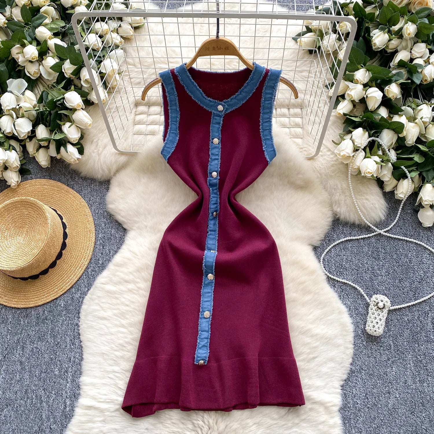 Chic Denim Splice Knitting Dress