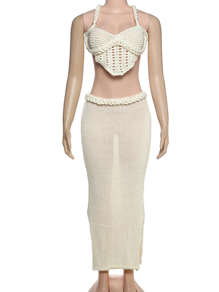 Crochet Shirring  Cross Bandage Backless Irregular Tops+Solid Long Skirts 2 Piece Set