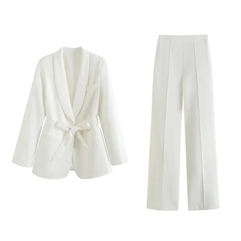 Long Sleeve Belt Bow Blazers Suit Coat Chic Female High Waist Trousers Two Piece Sets