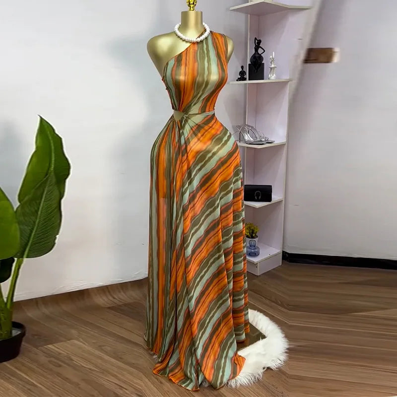 Elegant Striped Print Sleeveless Floor-Length Long Dress