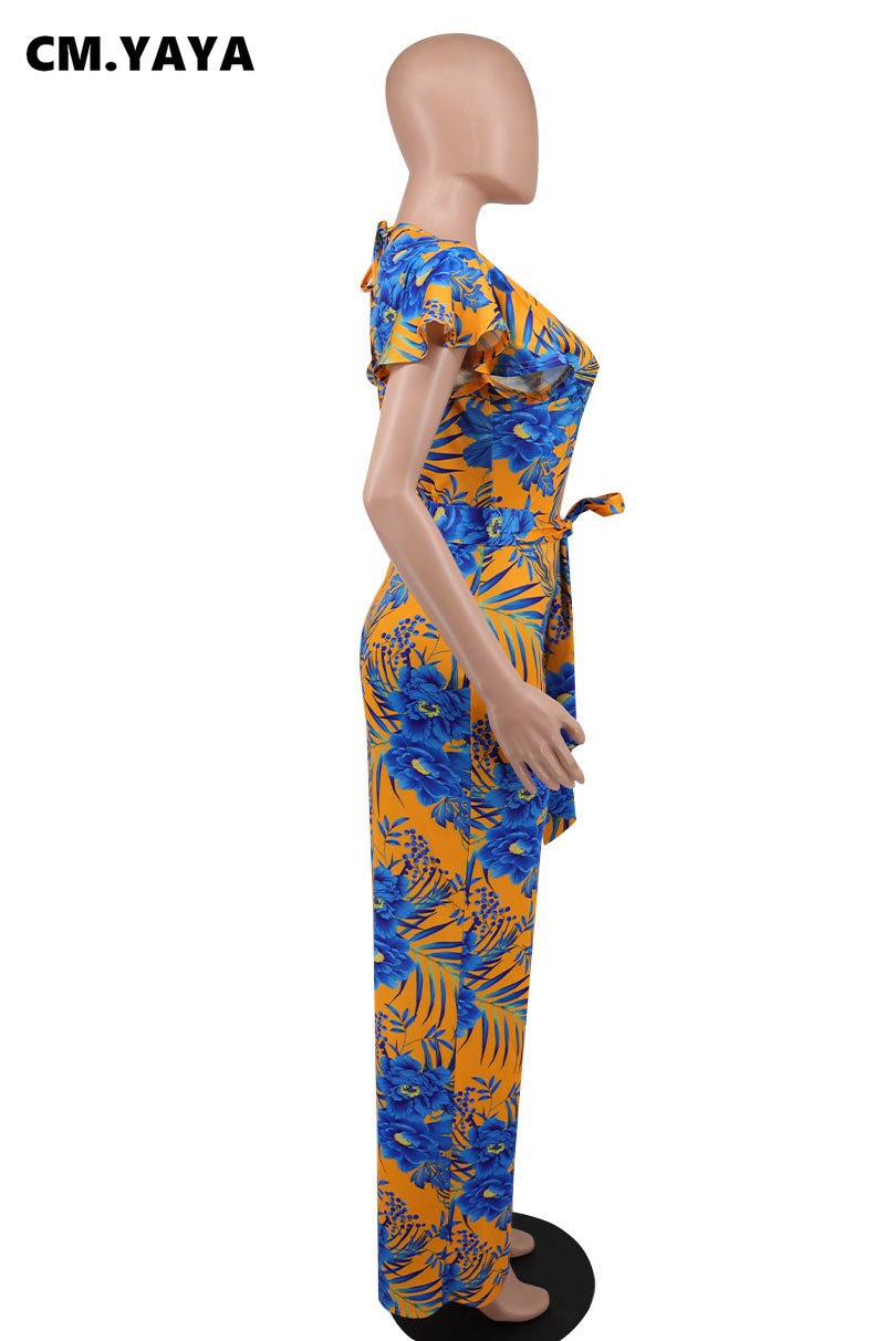 Floral Leaf Short Sleeve Tie Neck Backless Wide Leg Jumpsuit