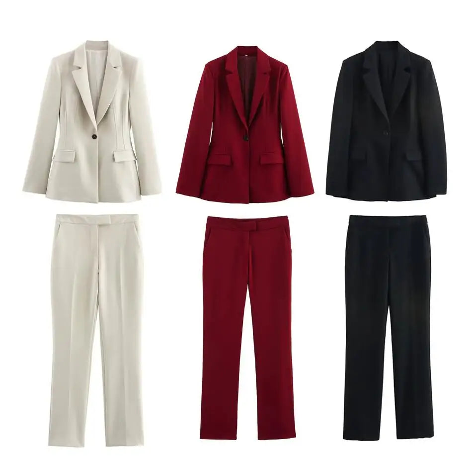 Vintage Chic Office Lady Suit V Neck Blazer Straight Loose Pants Set