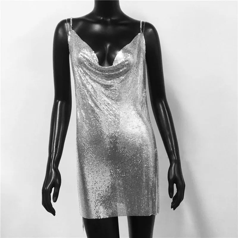 Backless Spaghetti Strap Metal Sequins Low Cut Dress