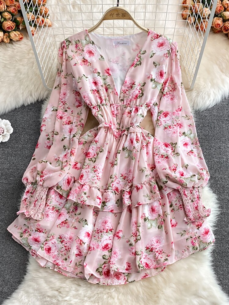 Floral Chiffon V-Neck Lantern Long Sleeve High Waist Ruffle Dress