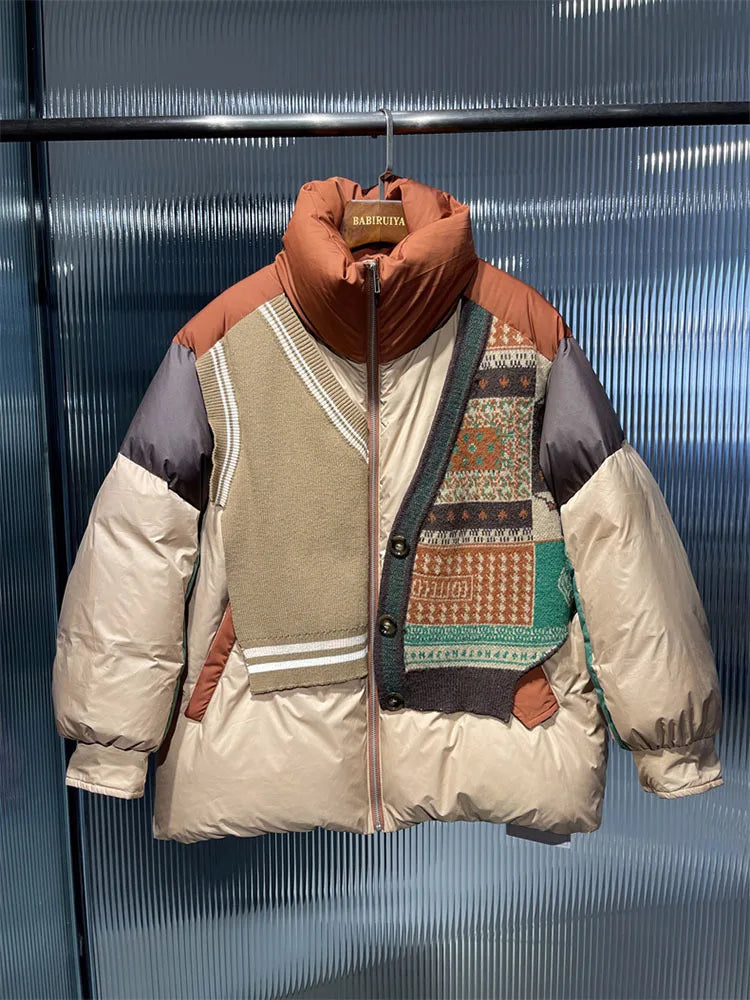 Oversize Knitted Spliced Down Jacket Patchwork Puffer Jacket High Quality Windproof