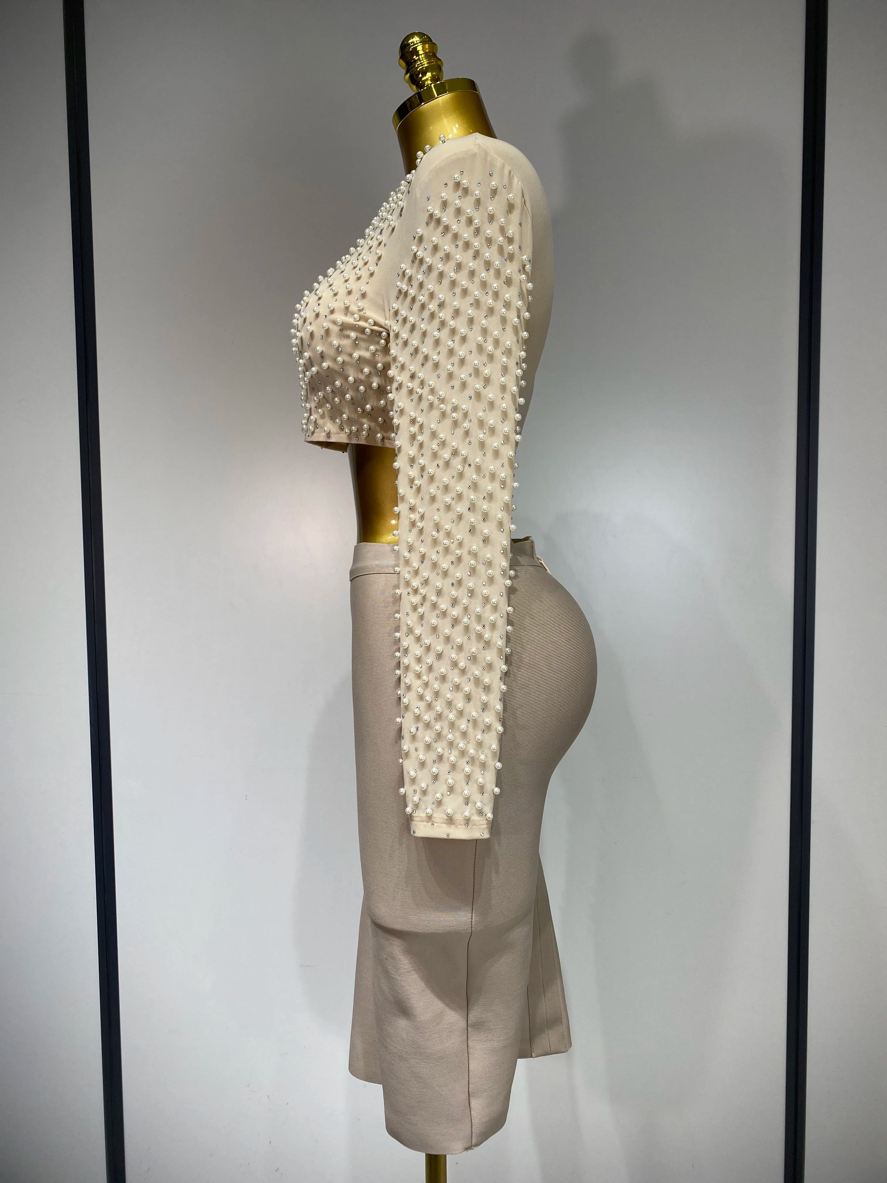 Long Sleeve Mesh Pearl Top  Midi Skirt Bandage Two Set