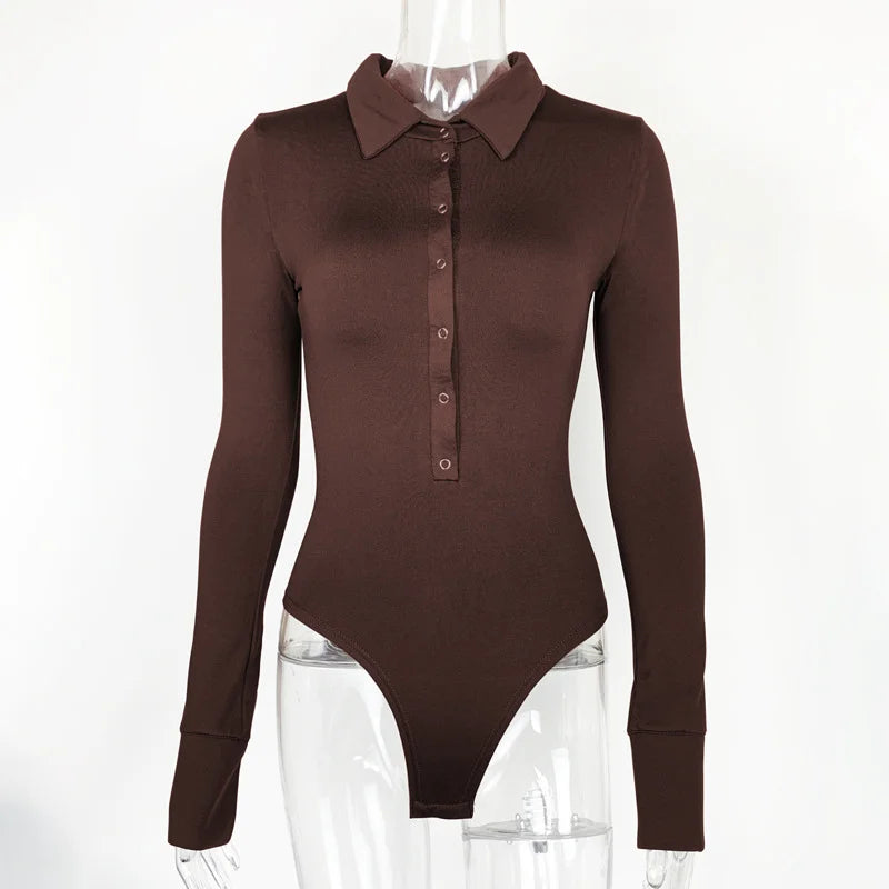 Slim Long Sleeve Velvet Flip Collar One-piece Bodysuit