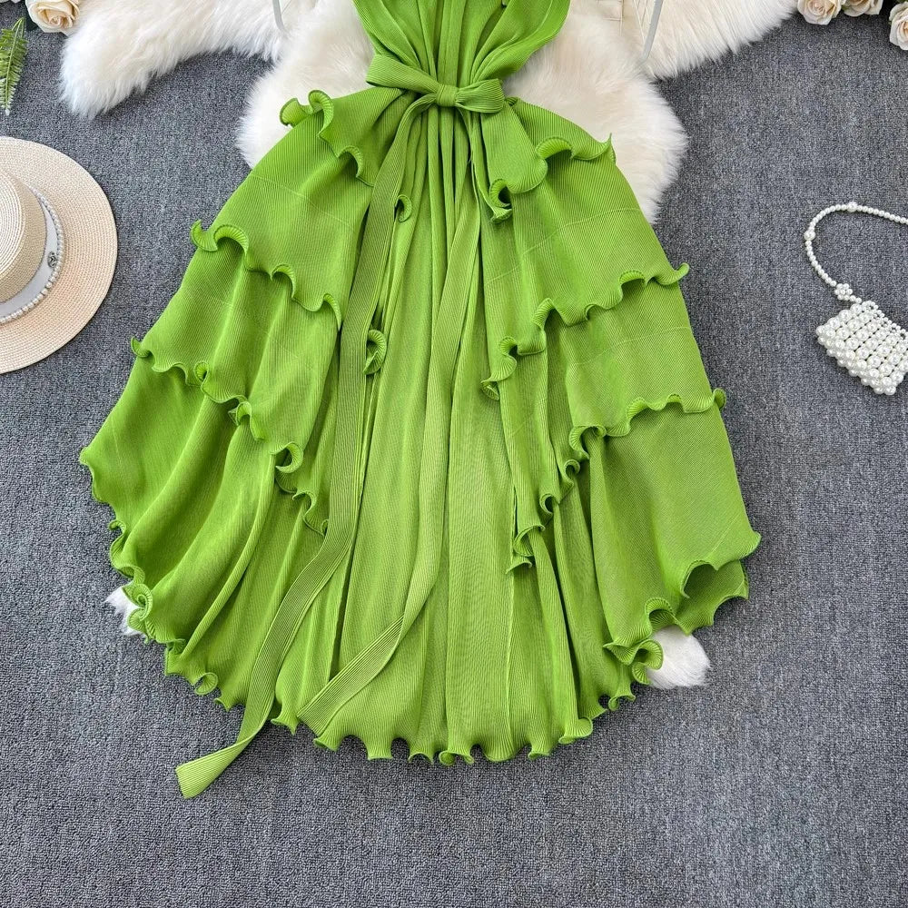 Pleated Stand Collar Lace Up Sleeveless Elastic Oversized Ruffles Dress