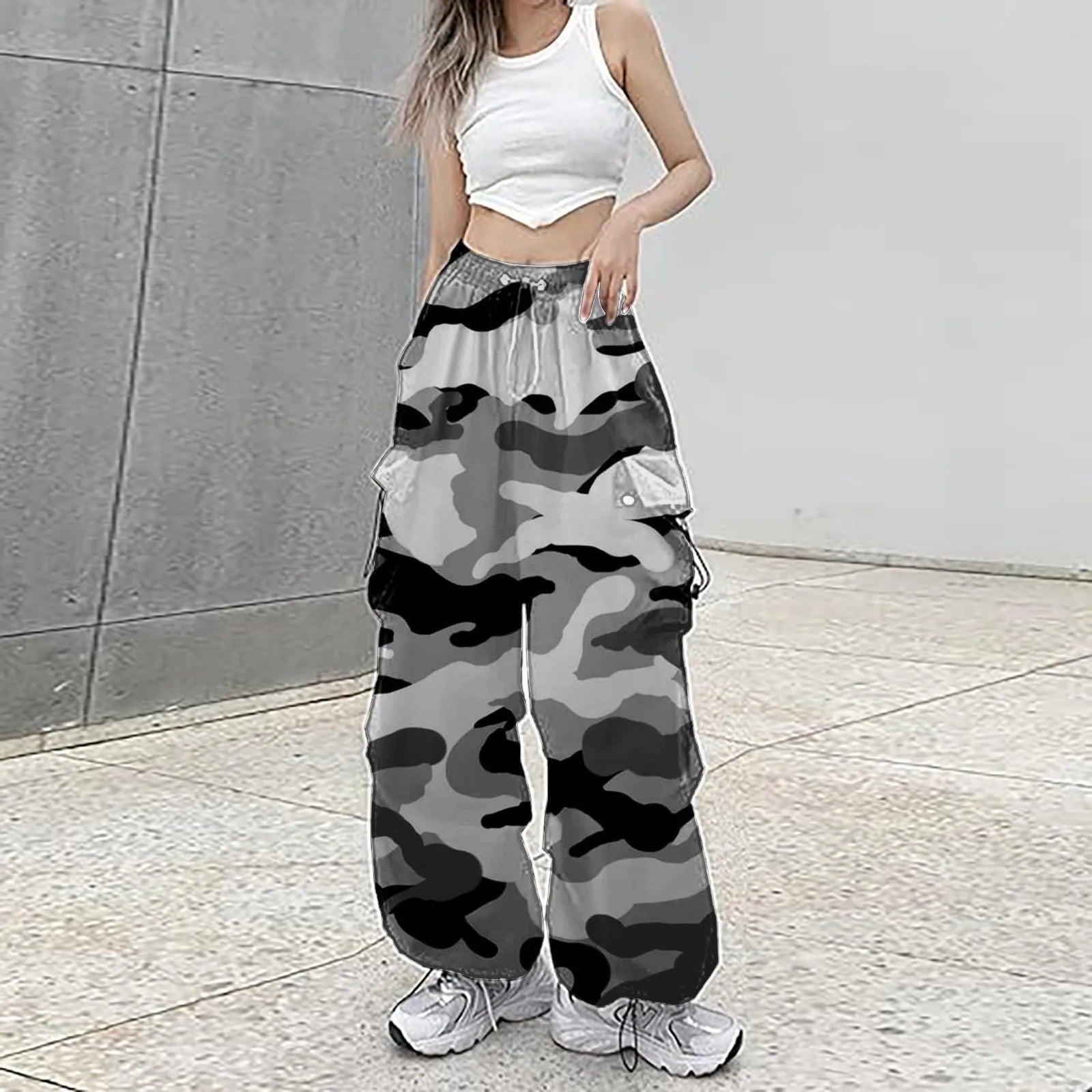 Camouflage Cargo Pants Streetwear Hip Hop Baggy Casual Drawstring Joggers Pockets Loose Wide Leg Sweatpants Trousers