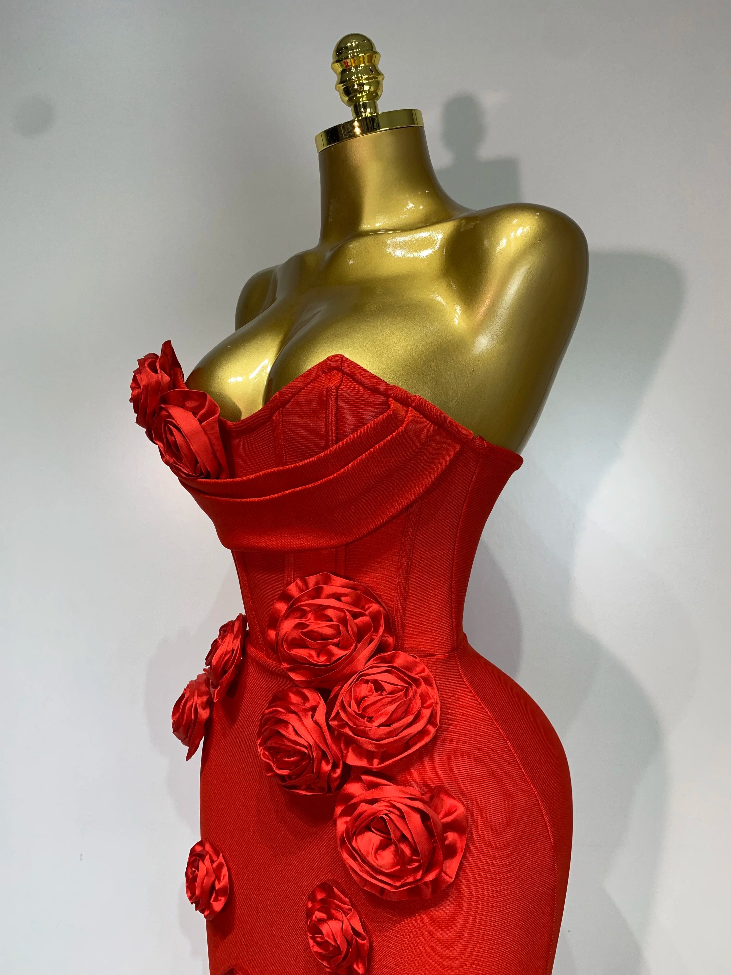 Strapless Backless Red Flower Midi Bandage Dress