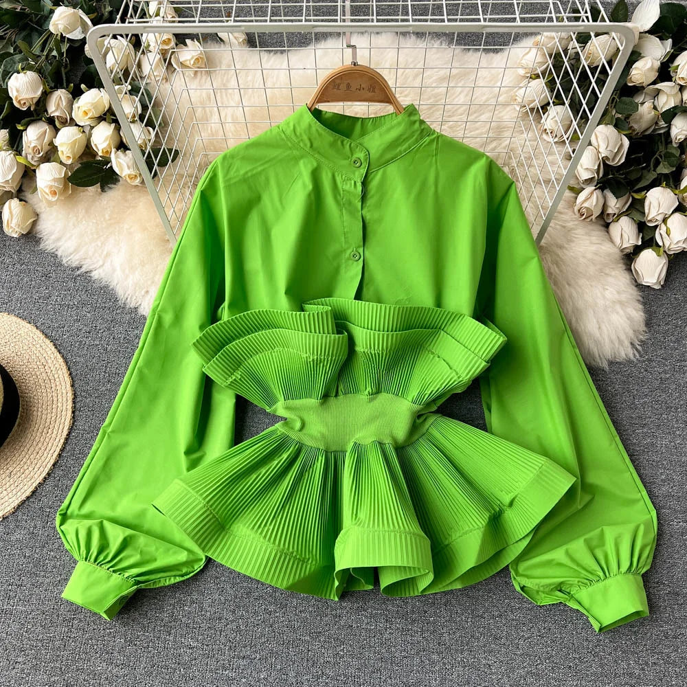 Puff Sleeve Pleated Ruffle Elegant Patchwork y2k Blouse