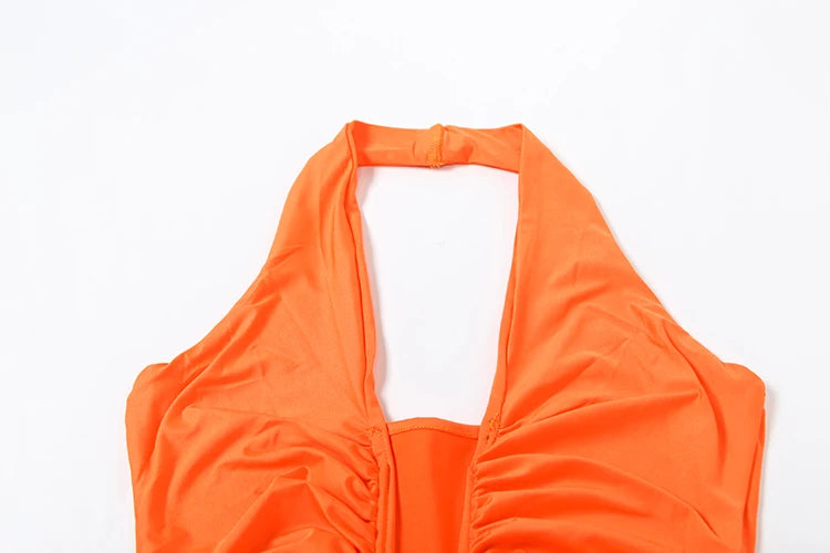 Backless Tassel Pleated Patchwork Halter Sleeveless Dress