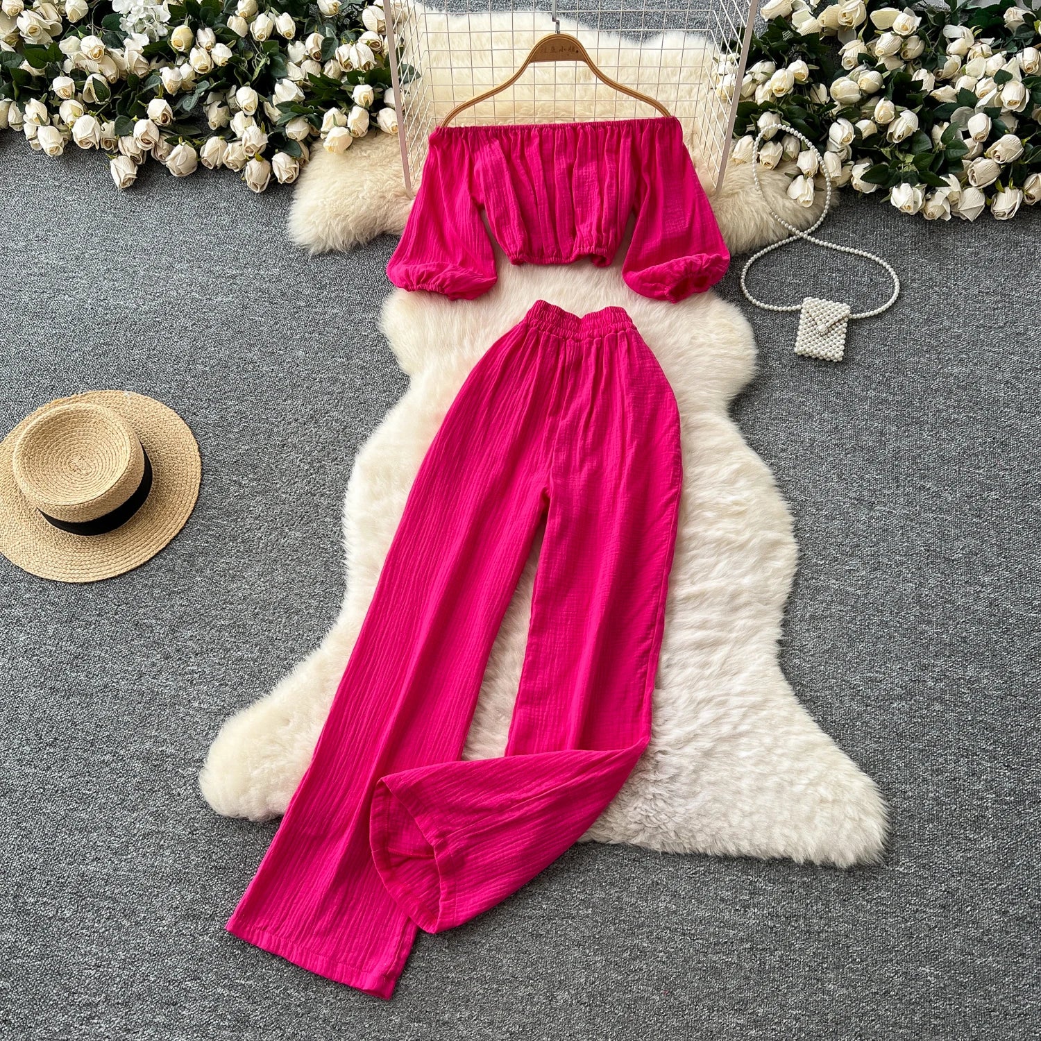 Lantern Sleeve Off Shoulder Crop Top+High Waist Wide Legs Pants Two Piece Set