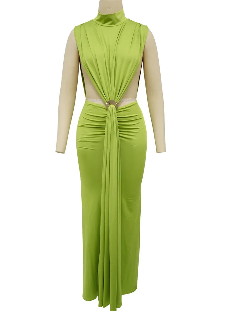 Green Sleeveless Hollow Out Pleated Prom Dress