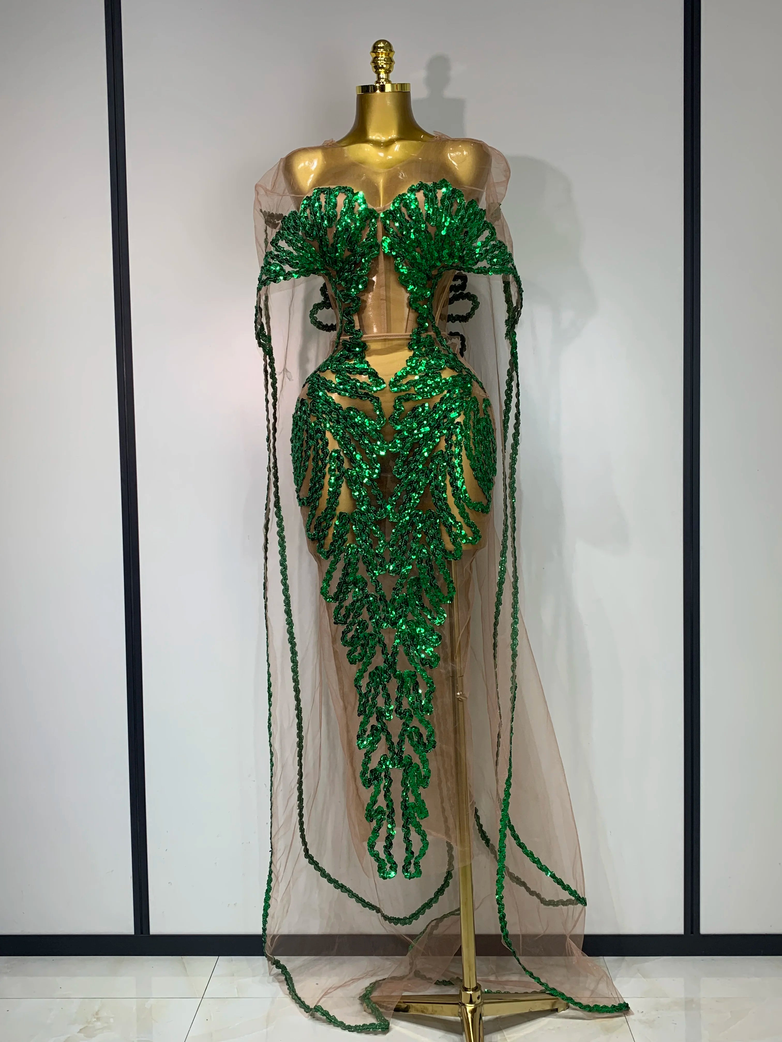 See Through Mesh Sparkly Green Sequins Party Dress