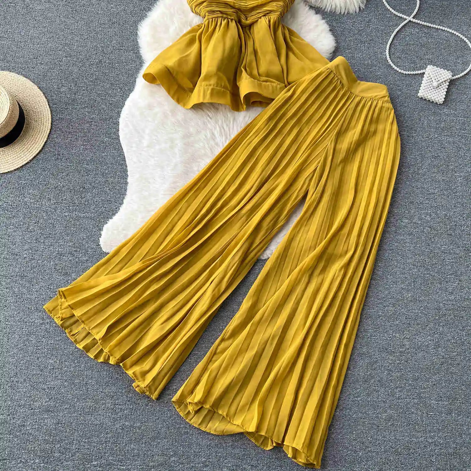 High End Elegant Pleated Sleeveless Chiffon Top+High Waist Wide Leg Pants Two Piece Set