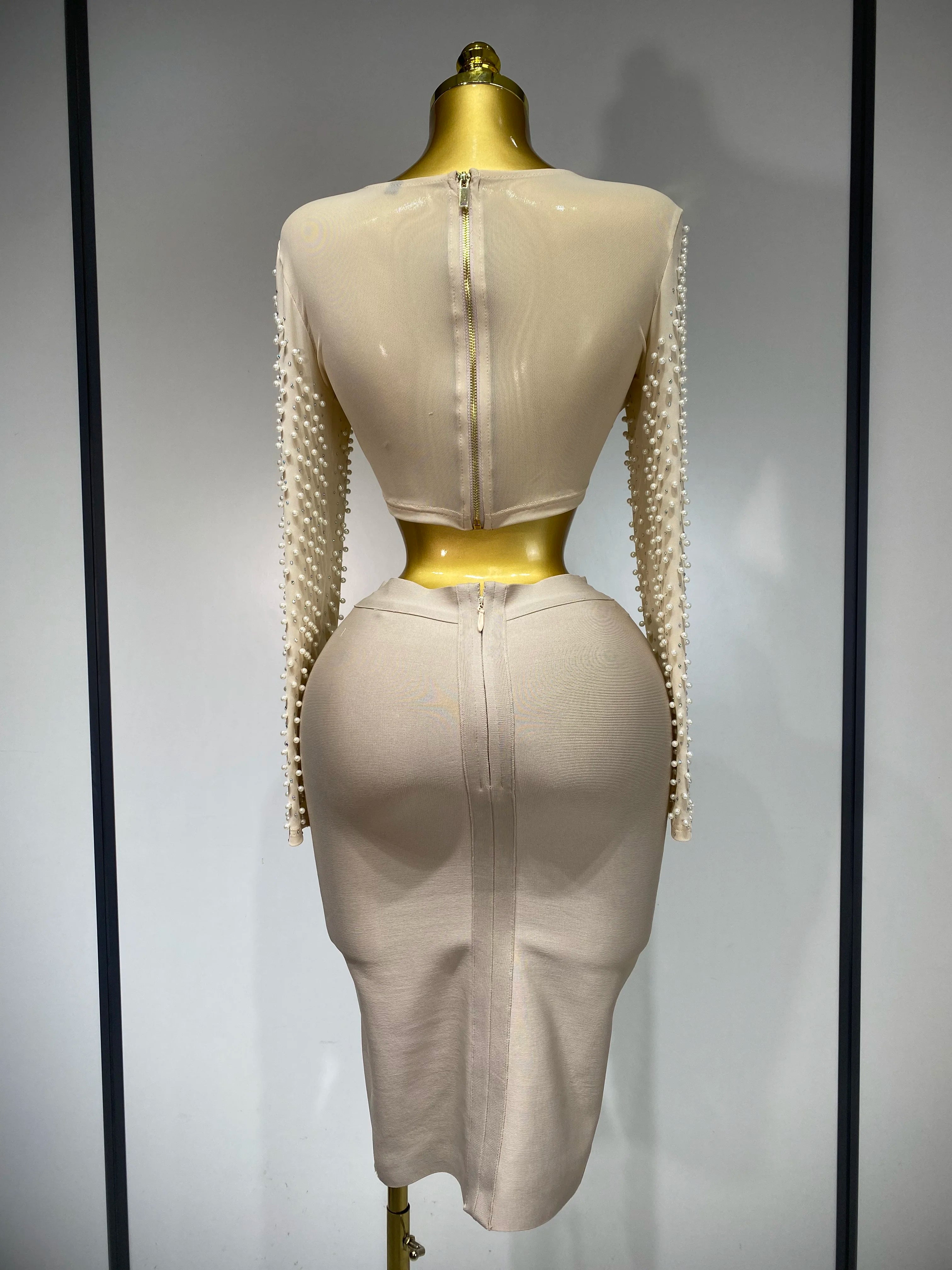 Long Sleeve Mesh Pearl Top  Midi Skirt Bandage Two Set