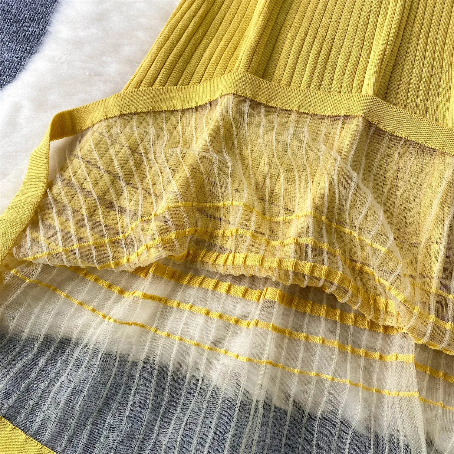 Elegant Stripe Knit Short Sleeves Mesh Patchwork Long Dress
