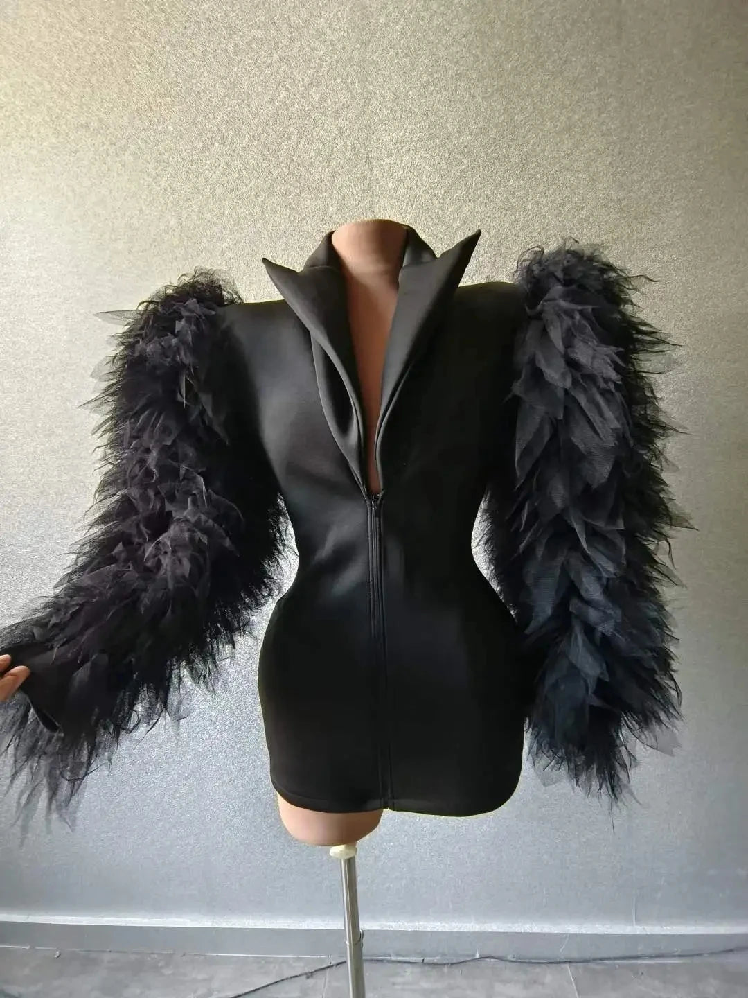 Black Puffy Women Blazer Design Long Sleeve Zipper Night Bar Nightclub Party Birthday Queen Costume Stretch Outfit