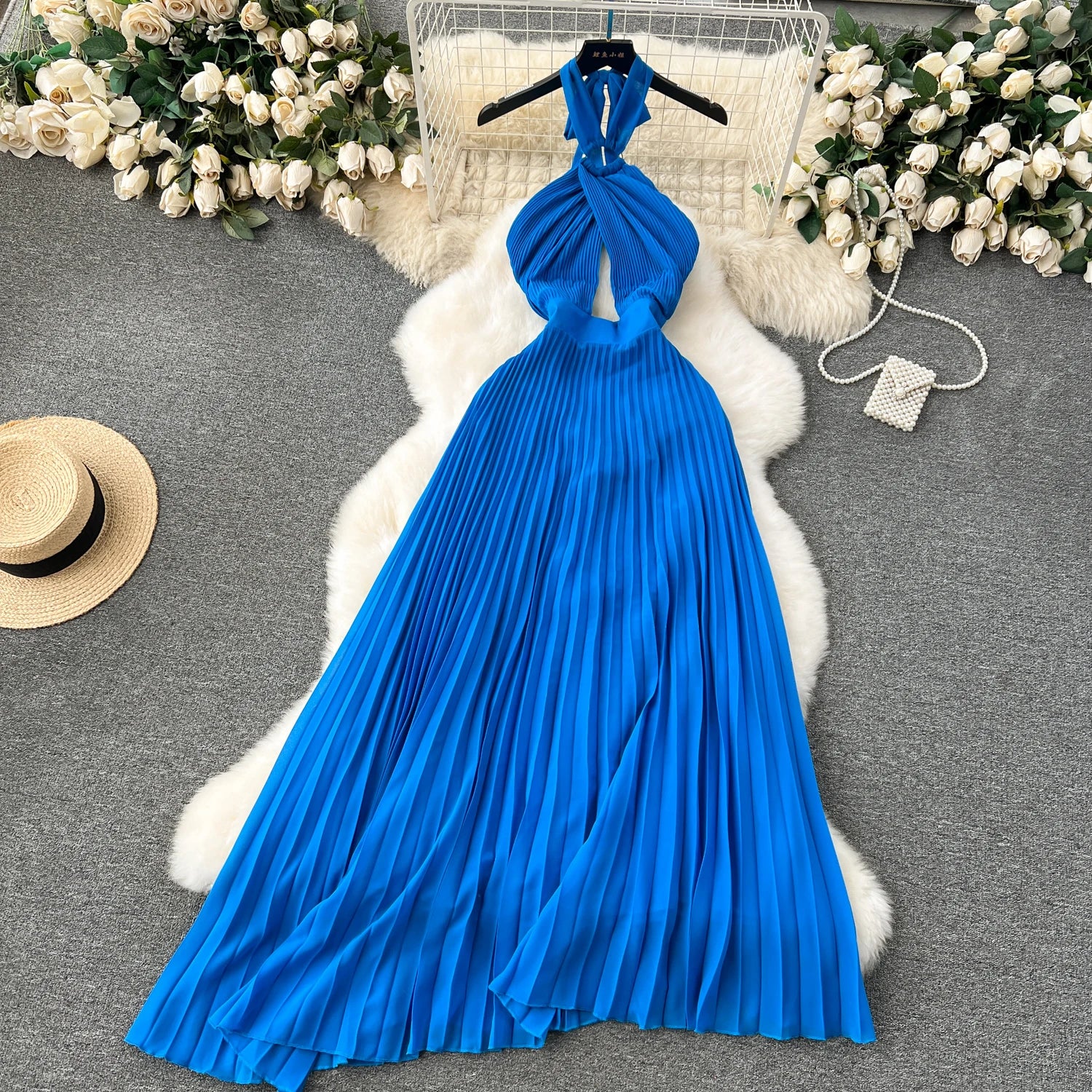 Halter Pleated Hollow Out Backless Solid Chic Sundress Irregular Long Beach Party Dress