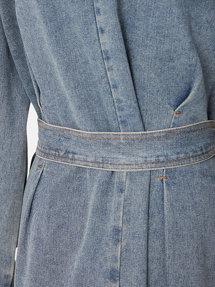 Blue Denim Big Size Long Trench Lapel Long Sleeve Loose Fit Windbreaker