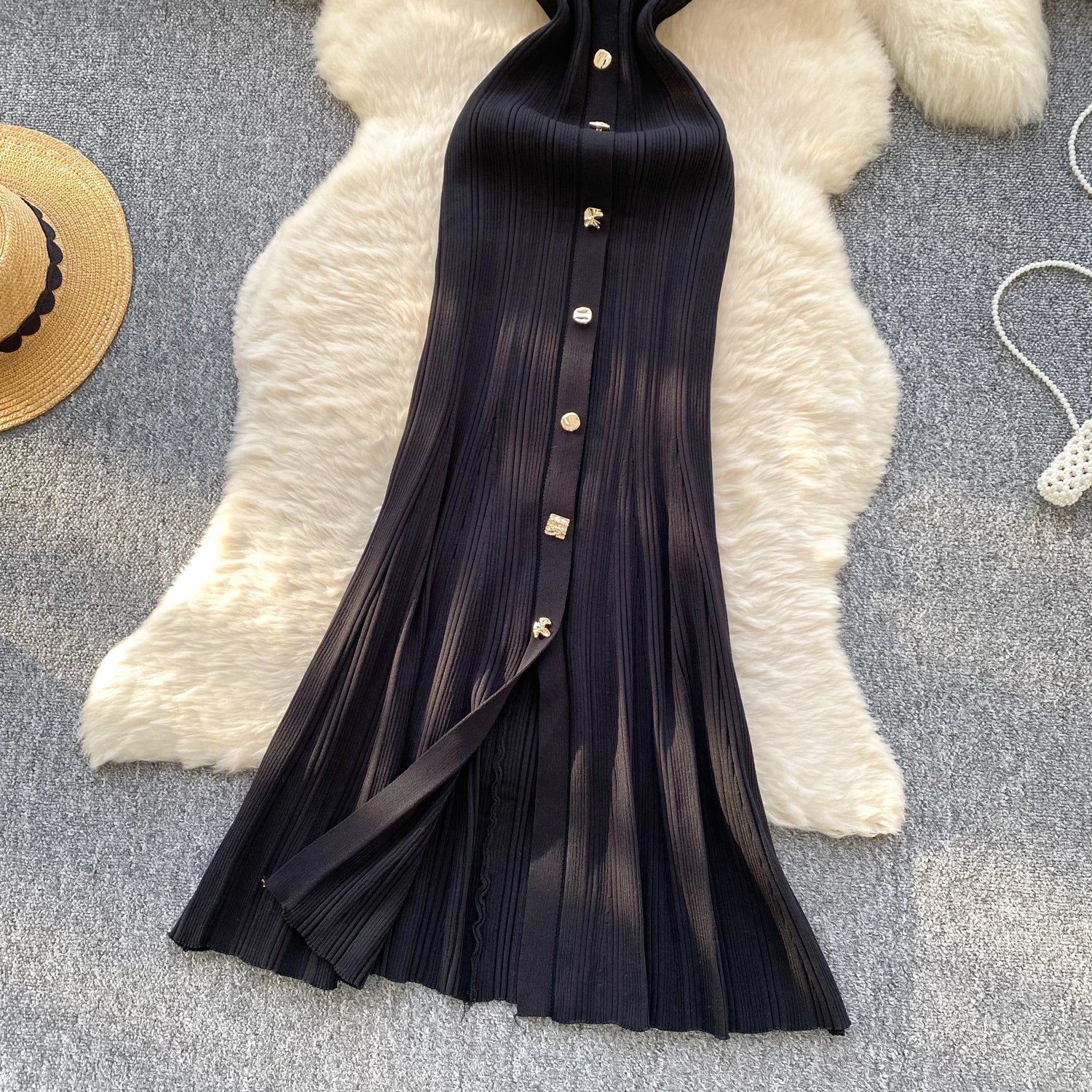 Elegant Office Lady Dress O Neck Sleeveless Knitted Bodycon Dress Sundress