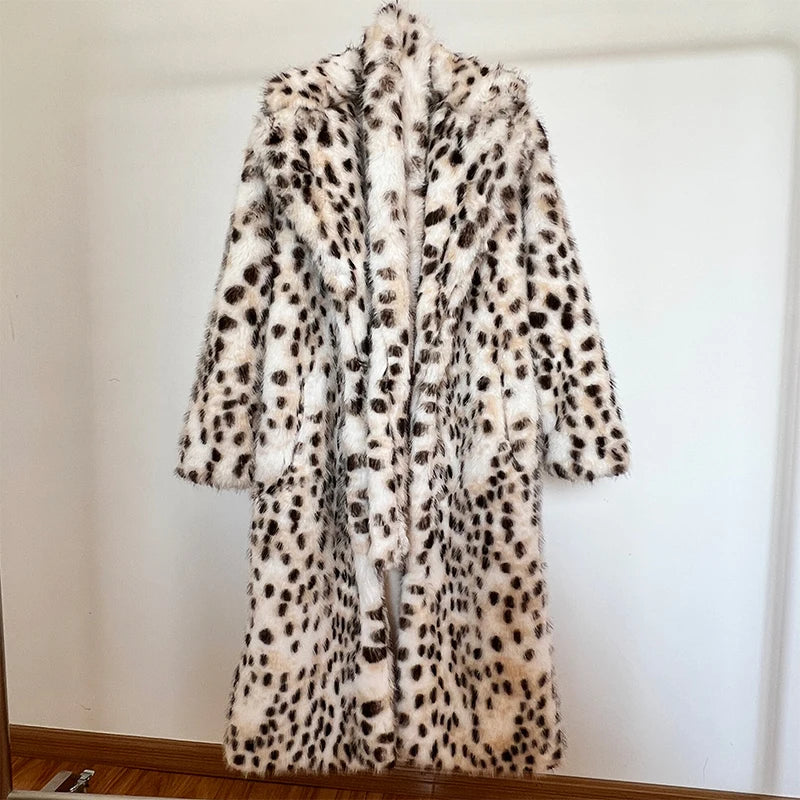 Long Belted Leopard Faux Fox Fur Coat Stylish Street Fashion