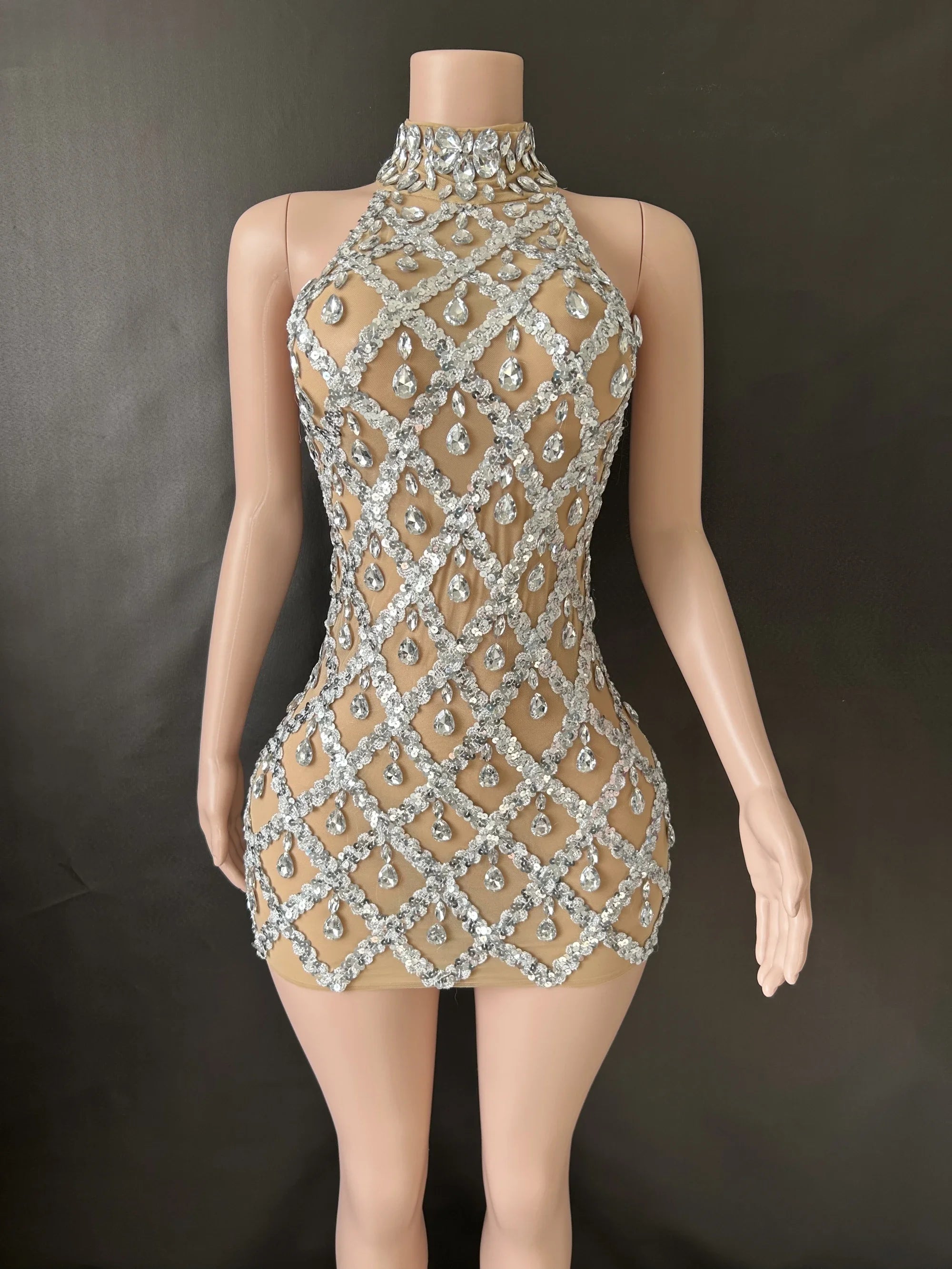 Prom Birthday Dress Transparent Rhinestone Sequins Dress