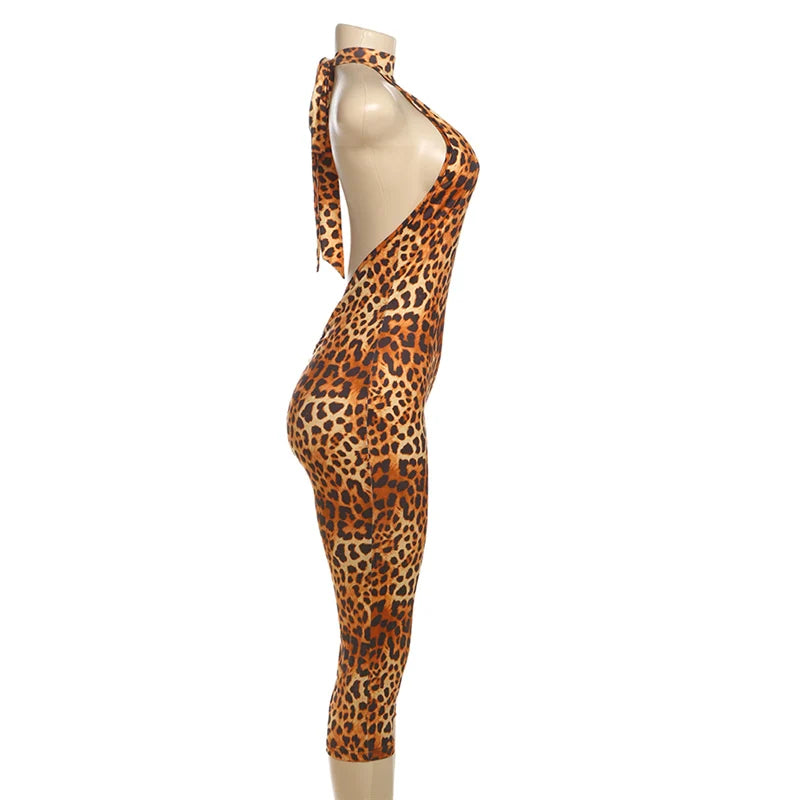 Leopard Print Halter Neck Backless Romper Bandage Jumpsuit