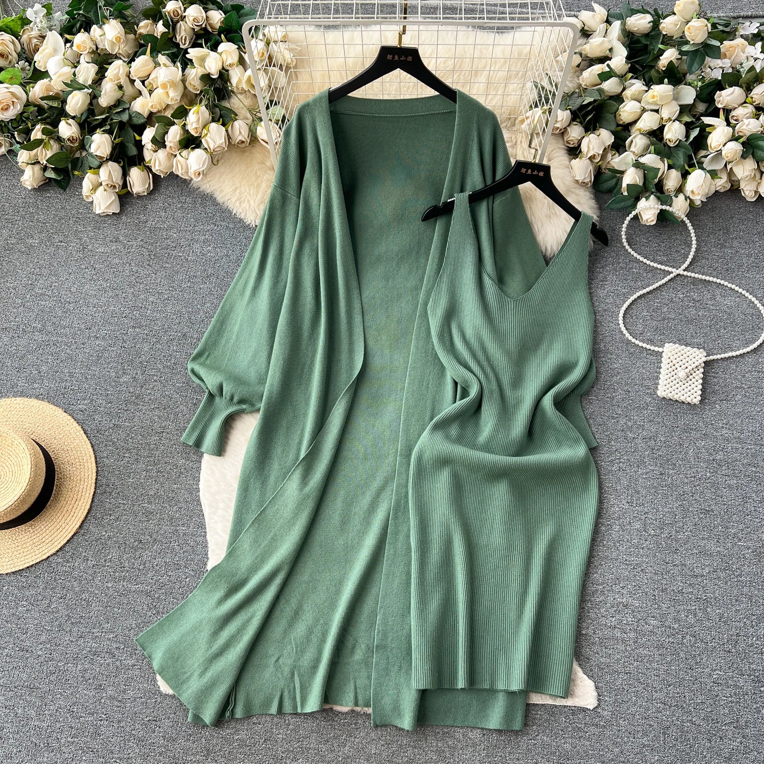 Knitted Two Pieces Suits Loose Cardigan+V Neck Tank Bodycon Mini Slim Skirt Set