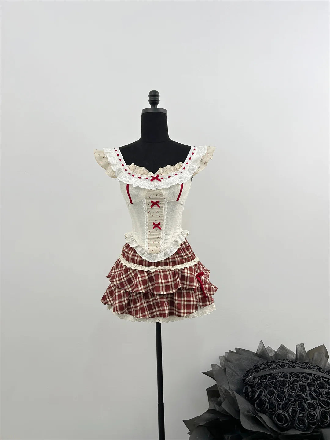 2000s Ballet 2 Piece Set Cute Lace Tank Top + Mini Plaid Skirt