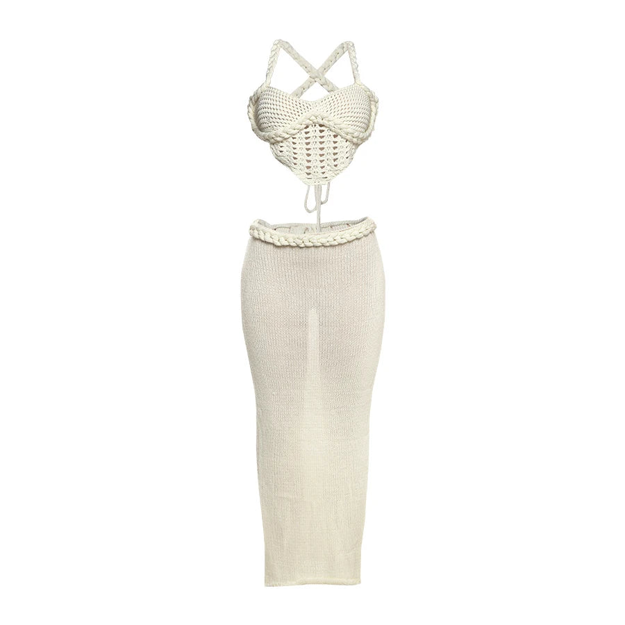 Crochet Shirring  Cross Bandage Backless Irregular Tops+Solid Long Skirts 2 Piece Set