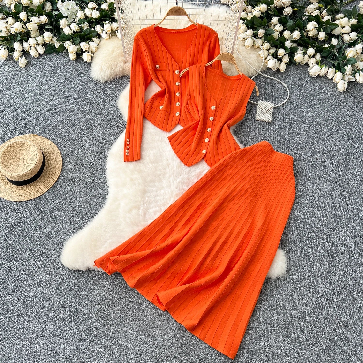 Knitted Full Sleeves Tops+Single Breasted Tank Tops+Elastic Waist Skirt  Suits
