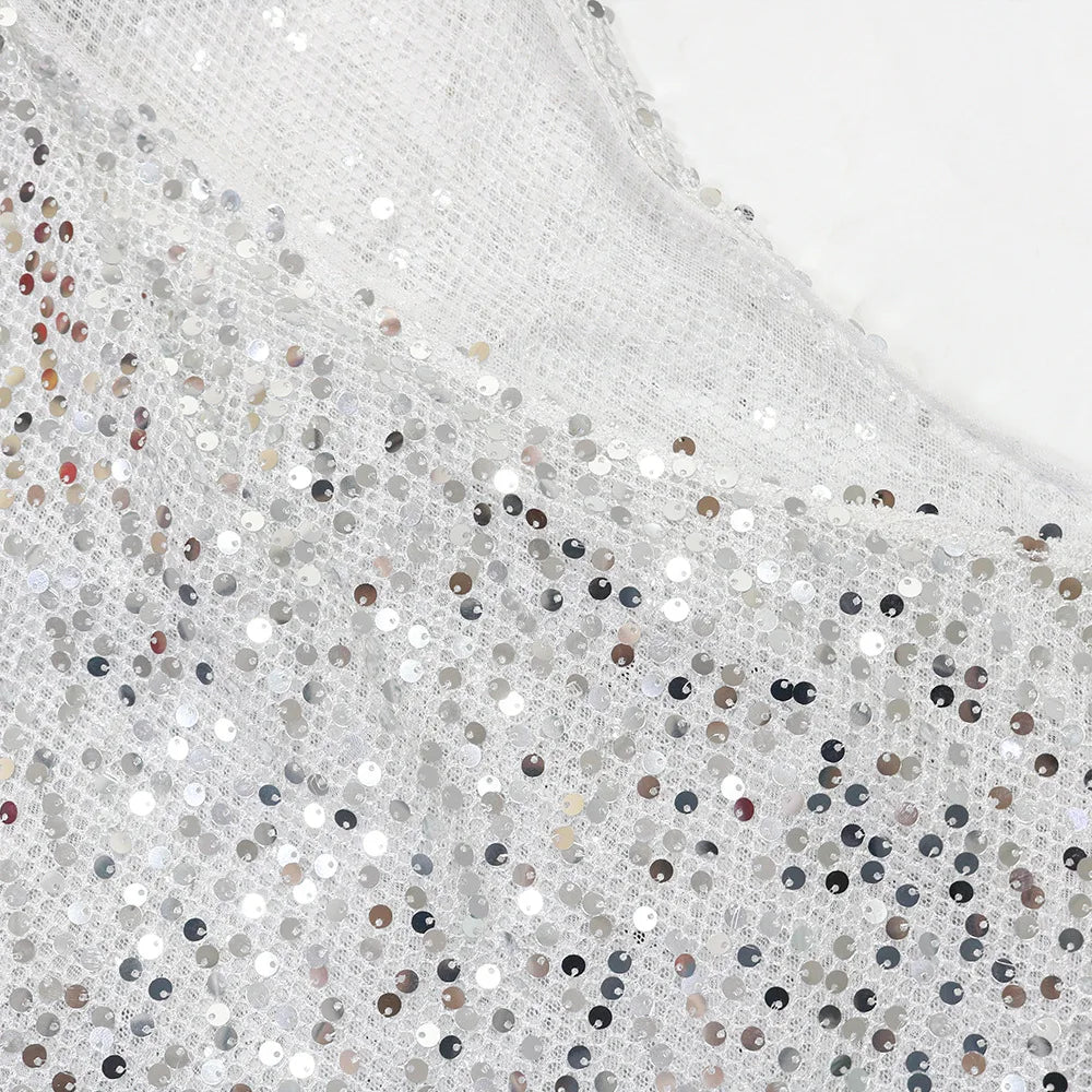 Sequined Sleeveless Cut Out One Shoulder High Split Midi Long Maxi Dress