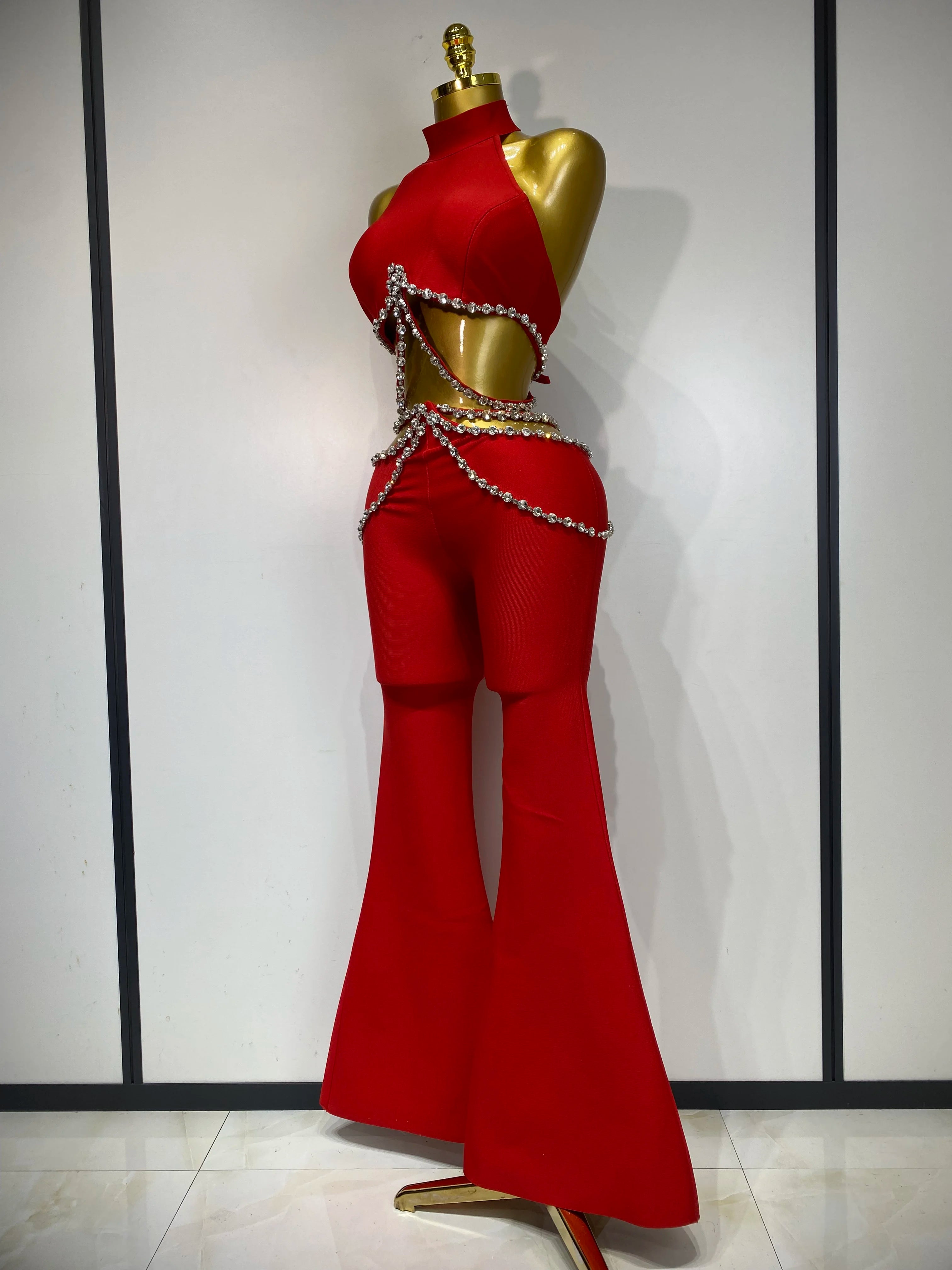 Luxury Rhinestone Cut Out Two Piece Pants And Top Bandage Set