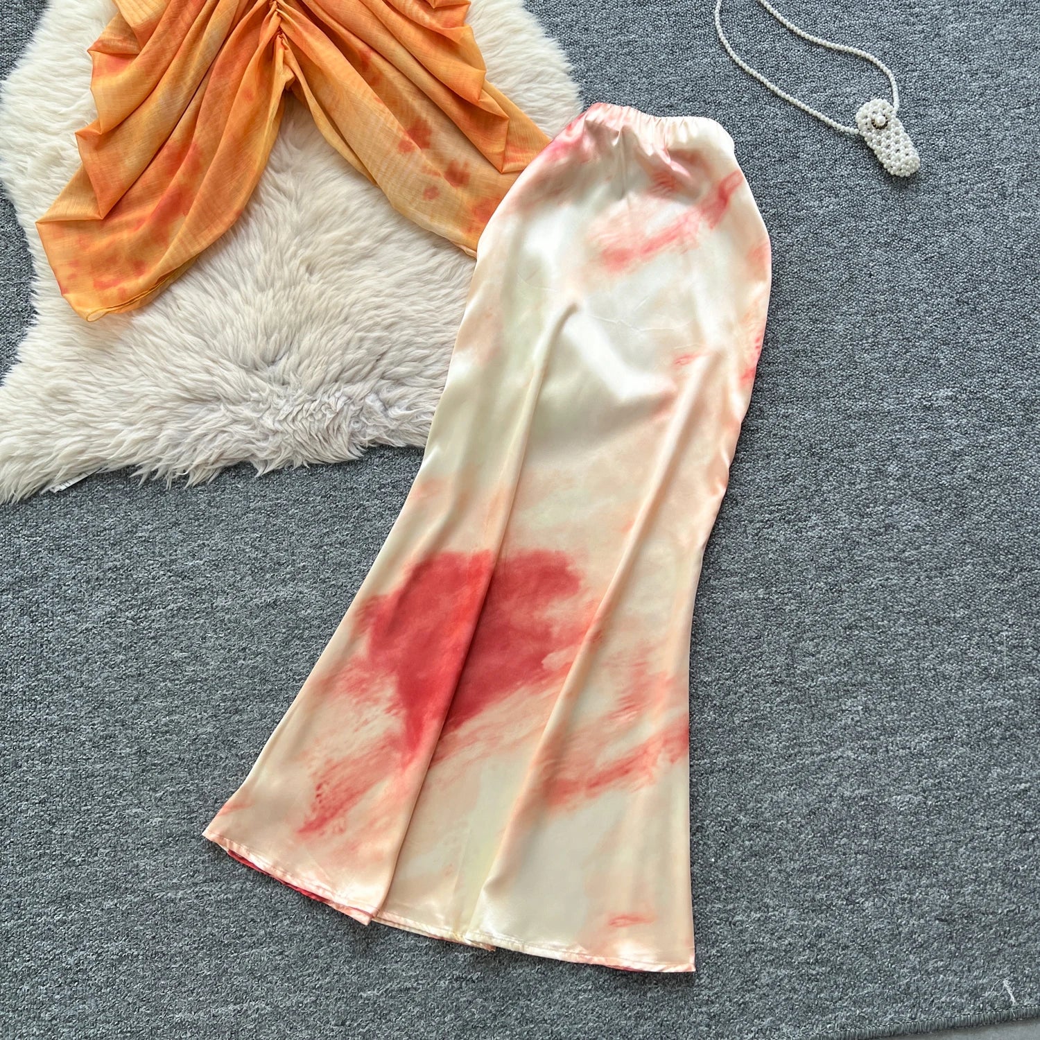 Backless Irregular Chic Tops+Skinny Satin Long Skirt Two Piece Set
