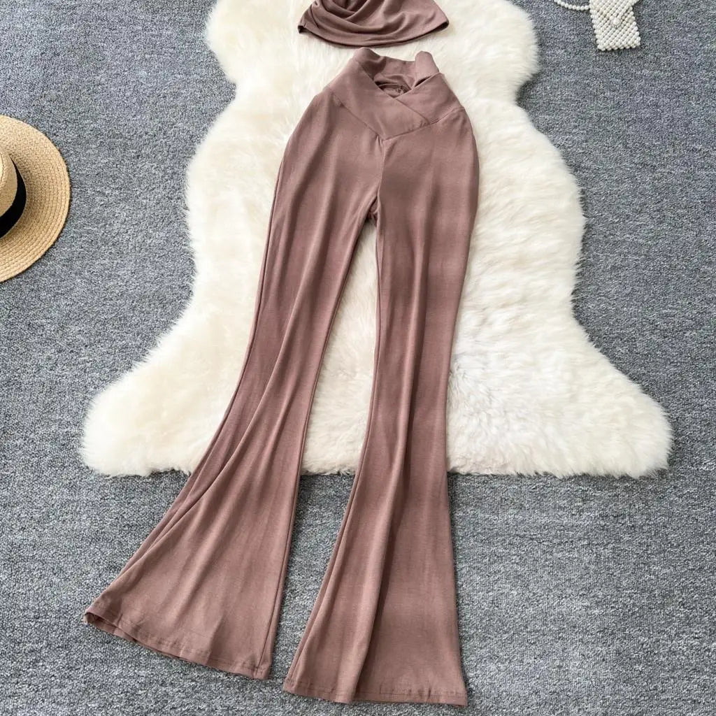 Two Pieces Sets Elegant Chic Skew Collar Pleated Tops + High Waist Flare Casual Pants  Outfits