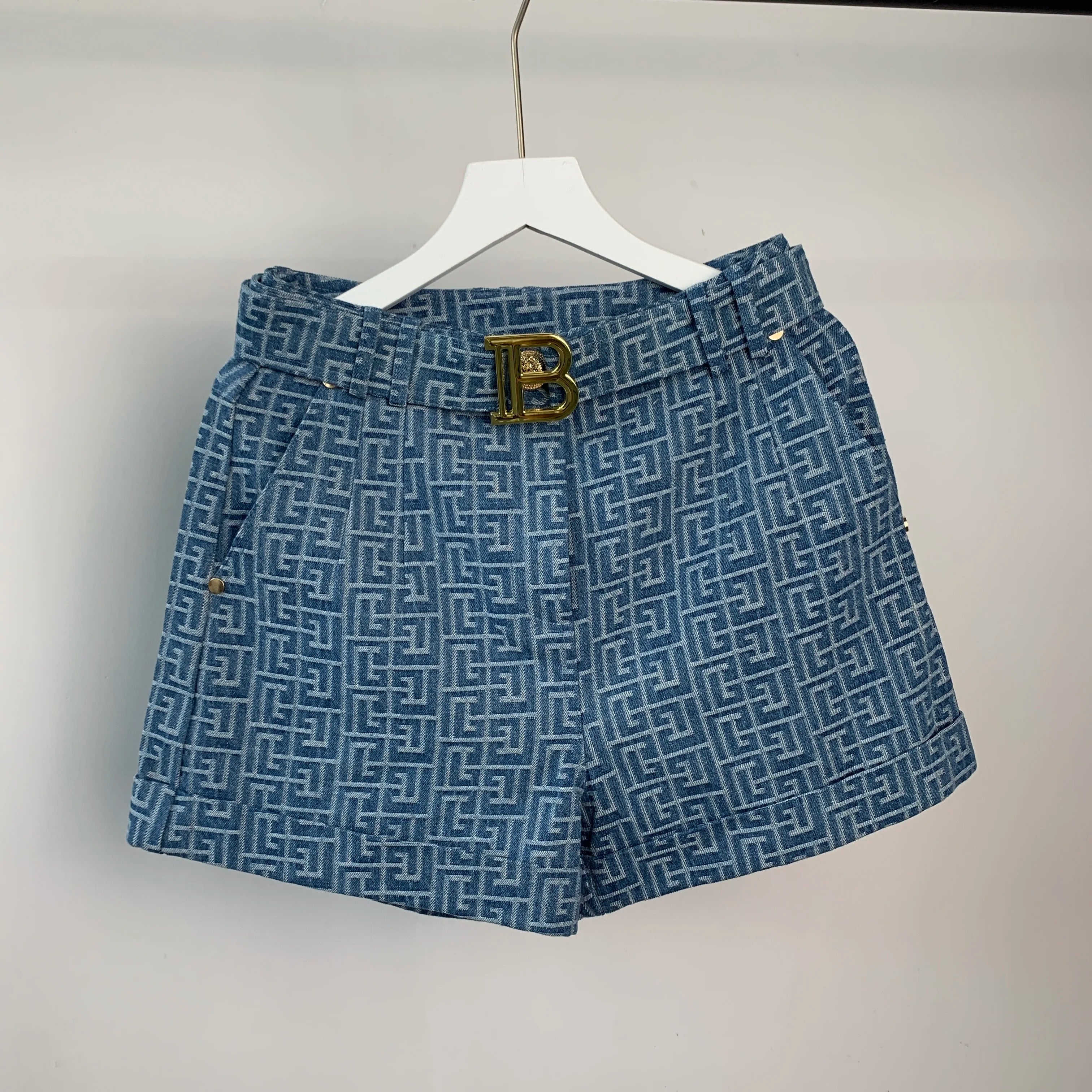 Matching 2 Pieces Washed Denim Jacquard Fabric Belt Blazer Shorts Pants Sets