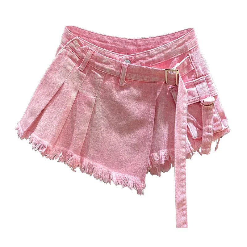 Irregular Pink Denim High A- Line Short Mini Skirts