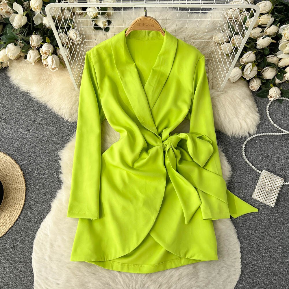 Notched Collar Long Sleeve Bow-tied Sash A-line Casual Office Lady Short Dress